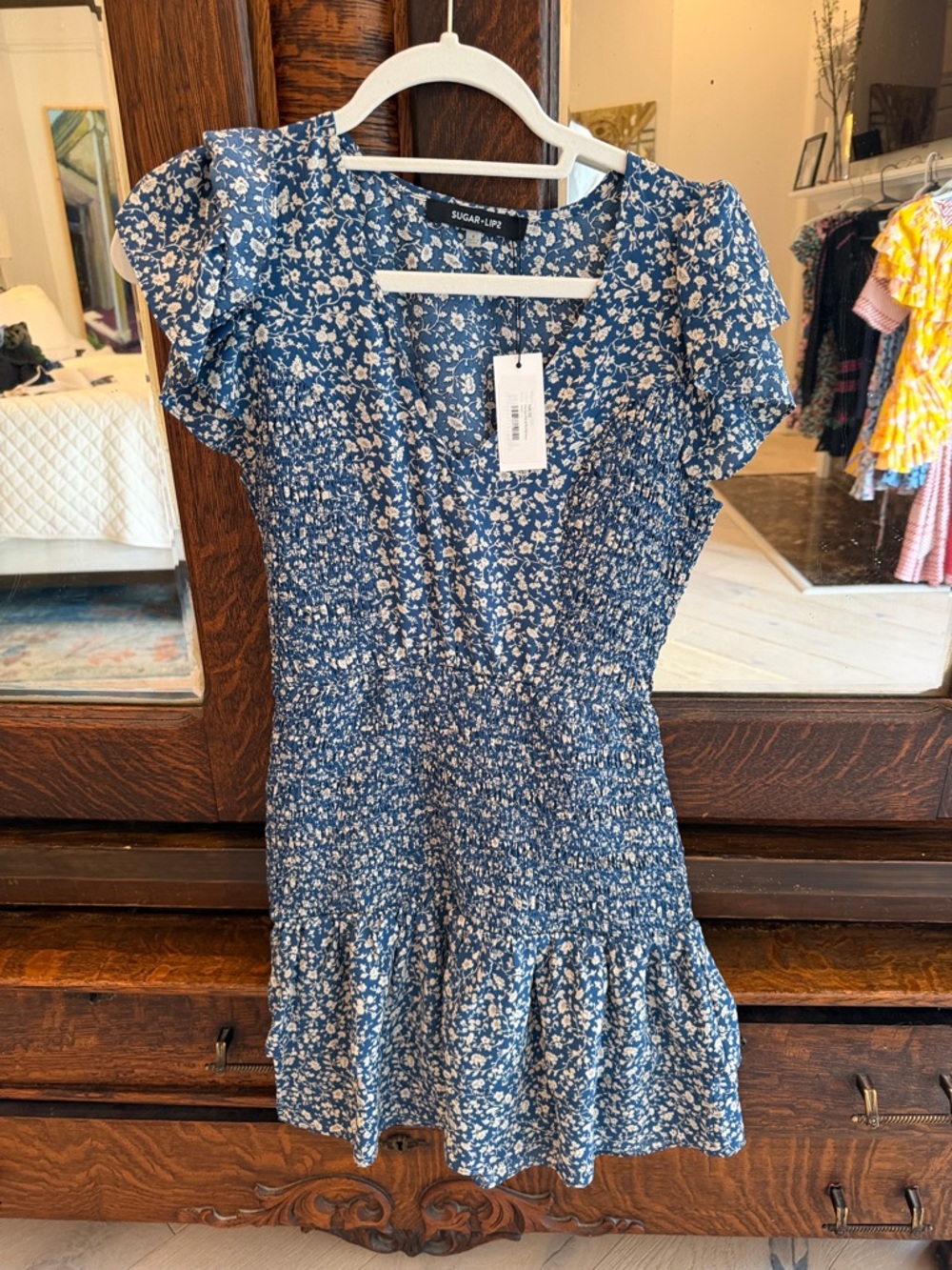 Sugarlips Navy Floral Smocked Mini Dress